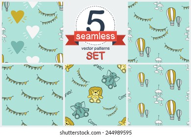 Funny cute new born welcome baby boy baby stuff. Set of 5 vector seamless pattern. Chess grid order pattern.