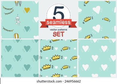 Funny cute new born welcome baby boy balloon and blue and white and yellow and mobility and hearts, crown. Set of 5 vector seamless patterns. Chess grid order pattern.