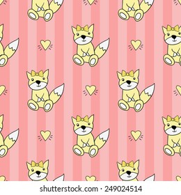 Funny cute new born welcome baby girl toy and yellow vector seamless pattern on striped pink background. Set of isolated elements. Chess grid order pattern.