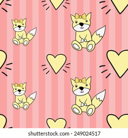 Funny cute new born welcome baby girl toy and yellow vector seamless pattern on striped pink background. Set of isolated elements. Chess grid order pattern.