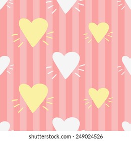 Funny cute new born welcome baby girl white and yellow vector seamless pattern on striped pink background. Set of isolated elements. Chess grid order pattern.