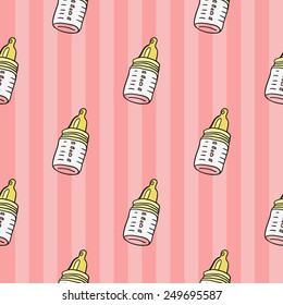 Funny cute new born welcome baby girl baby bottle, vector seamless pattern on striped pink background. Set of isolated elements. Chess grid order pattern.