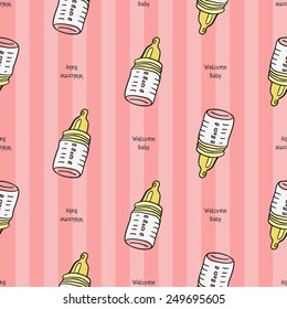 Funny cute new born welcome baby girl baby bottle, and inscription vector seamless pattern on striped pink background. Set of isolated elements. Chess grid order pattern.