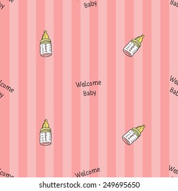 Funny cute new born welcome baby girl baby bottle, and inscription vector seamless pattern on striped pink background. Set of isolated elements. Chess grid order pattern.