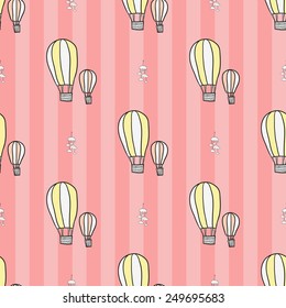 Funny cute new born welcome baby girl balloon and mobility vector seamless pattern on striped pink background. Set of isolated elements. Chess grid order pattern.