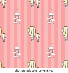 Funny cute new born welcome baby girl balloon and mobility vector seamless pattern on striped pink background. Set of isolated elements. Chess grid order pattern.