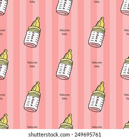 Funny cute new born welcome baby girl baby bottle, and inscription vector seamless pattern on striped pink background. Set of isolated elements. Chess grid order pattern.