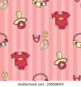 Funny cute new born welcome baby girl bodysuit, bib, rattle, soother vector seamless pattern on striped pink background. Set of isolated elements. Chess grid order pattern.