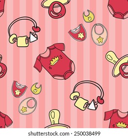 Funny cute new born welcome baby girl bodysuit, bib, rattle, soother vector seamless pattern on striped pink background. Set of isolated elements. Chess grid order pattern.