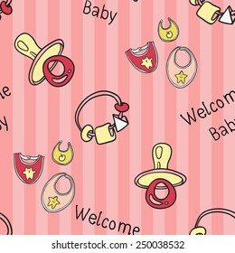 Funny cute new born welcome baby girl bib, rattle, soother, inscription vector seamless pattern on striped pink background. Set of isolated elements. Chess grid order pattern.