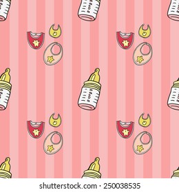 Funny cute new born welcome baby girl bib and baby bottle, vector seamless pattern on striped pink background. Set of isolated elements. Chess grid order pattern.