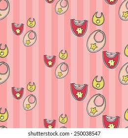 Funny cute new born welcome baby girl bib vector seamless pattern on striped pink background. Set of isolated elements. Chess grid order pattern.