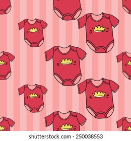 Funny cute new born welcome baby girl bodysuit vector seamless pattern on striped pink background. Set of isolated elements. Chess grid order pattern.