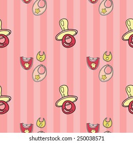 Funny cute new born welcome baby girl bib and soother vector seamless pattern on striped pink background. Set of isolated elements. Chess grid order pattern.