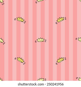 Funny cute new born welcome baby girl crown vector seamless pattern on striped pink background. Set of isolated elements. Chess grid order pattern.