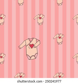 Funny cute new born welcome baby girl bodysuit vector seamless pattern on striped pink background. Set of isolated elements. Chess grid order pattern.