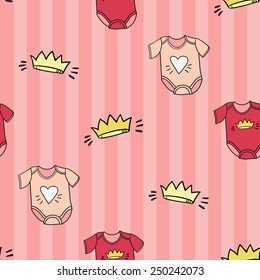 Funny cute new born welcome baby girl bodysuit and crown vector seamless pattern on striped pink background. Set of isolated elements. Chess grid order pattern.