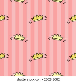 Funny cute new born welcome baby girl crown vector seamless pattern on striped pink background. Set of isolated elements. Chess grid order pattern.