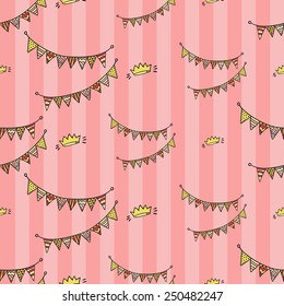 Funny cute new born welcome baby girl fabric and crown vector seamless pattern on striped pink background. Set of isolated elements. Chess grid order pattern.