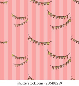 Funny cute new born welcome baby girl fabric vector seamless pattern on striped pink background. Set of isolated elements. Chess grid order pattern.