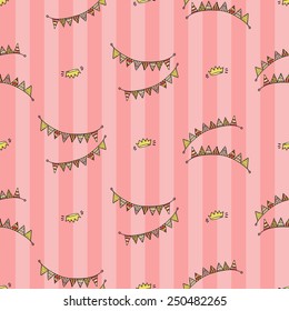 Funny cute new born welcome baby girl fabric and crown vector seamless pattern on striped pink background. Set of isolated elements. Chess grid order pattern.