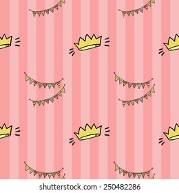Funny cute new born welcome baby girl fabric and crown vector seamless pattern on striped pink background. Set of isolated elements. Chess grid order pattern.