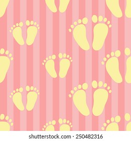 Funny cute new born welcome baby girl foot vector seamless pattern on striped pink background. Set of isolated elements. Chess grid order pattern.