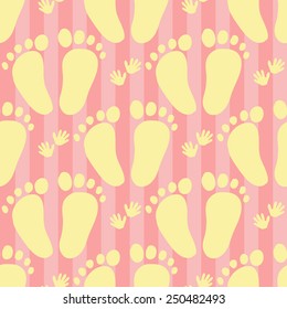 Funny cute new born welcome baby girl foot and handprint vector seamless pattern on striped pink background. Set of isolated elements. Chess grid order pattern.