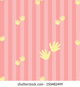 Funny cute new born welcome baby girl handprint vector seamless pattern on striped pink background. Set of isolated elements. Chess grid order pattern.