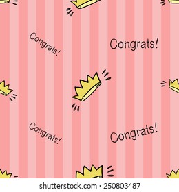 Funny cute new born welcome baby girl inscription and crown vector seamless pattern on striped pink background. Set of isolated elements. Chess grid order pattern.