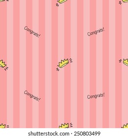 Funny cute new born welcome baby girl inscription and crown vector seamless pattern on striped pink background. Set of isolated elements. Chess grid order pattern.