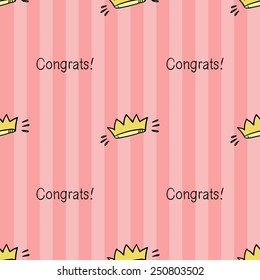 Funny cute new born welcome baby girl inscription and crown vector seamless pattern on striped pink background. Set of isolated elements. Chess grid order pattern.