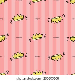 Funny cute new born welcome baby girl inscription and crown vector seamless pattern on striped pink background. Set of isolated elements. Chess grid order pattern.