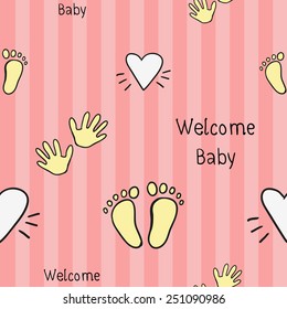 Funny cute new born welcome baby girl inscription, white, foot, handprint vector seamless pattern on striped pink background. Set of isolated elements. Chess grid order pattern.