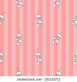 Funny cute new born welcome baby girl mobility vector seamless pattern on striped pink background. Set of isolated elements. Chess grid order pattern.