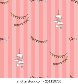 Funny cute new born welcome baby girl inscription, mobility, fabric vector seamless pattern on striped pink background. Set of isolated elements. Chess grid order pattern.
