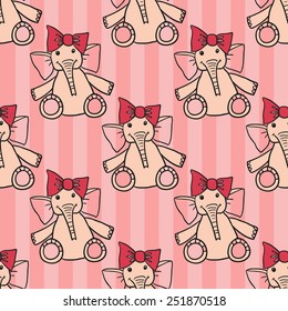 Funny cute new born welcome baby girl toy vector seamless pattern on striped pink background. Set of isolated elements. Chess grid order pattern.