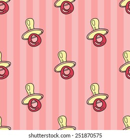 Funny cute new born welcome baby girl soother vector seamless pattern on striped pink background. Set of isolated elements. Chess grid order pattern.