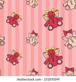 Funny cute new born welcome baby girl toy vector seamless pattern on striped pink background. Set of isolated elements. Chess grid order pattern.