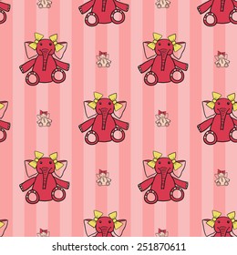 Funny cute new born welcome baby girl toy vector seamless pattern on striped pink background. Set of isolated elements. Chess grid order pattern.