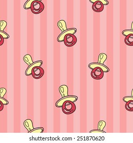 Funny cute new born welcome baby girl soother vector seamless pattern on striped pink background. Set of isolated elements. Chess grid order pattern.