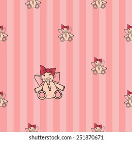 Funny cute new born welcome baby girl toy vector seamless pattern on striped pink background. Set of isolated elements. Chess grid order pattern.