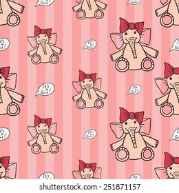 Funny cute new born welcome baby girl toy and inscription vector seamless pattern on striped pink background. Set of isolated elements. Chess grid order pattern.