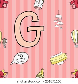 Funny cute new born welcome baby girl soother, balloon, bottle, mobility, inscription, ruffles vector seamless pattern on striped pink background. Set of isolated elements. Chess grid order pattern.