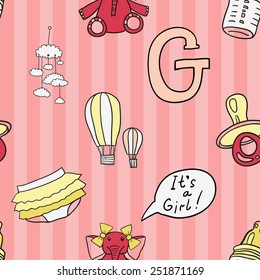 Funny cute new born welcome baby girl soother, balloon, bottle, mobility, inscription, ruffles vector seamless pattern on striped pink background. Set of isolated elements. Chess grid order pattern.