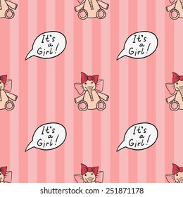 Funny cute new born welcome baby girl toy and inscription vector seamless pattern on striped pink background. Set of isolated elements. Chess grid order pattern.