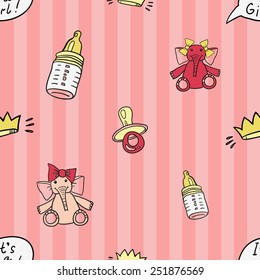 Funny cute new born welcome baby girl toy, crown, soother, baby bottle,, inscription vector seamless pattern on striped pink background. Set of isolated elements. Chess grid order pattern.