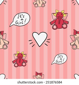 Funny cute new born welcome baby girl toy, white, inscription vector seamless pattern on striped pink background. Set of isolated elements. Chess grid order pattern.