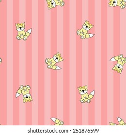 Funny cute new born welcome baby girl toy vector seamless pattern on striped pink background. Set of isolated elements. Chess grid order pattern.