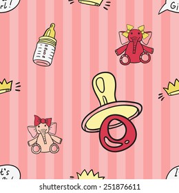 Funny cute new born welcome baby girl toy, crown, soother, baby bottle,, inscription vector seamless pattern on striped pink background. Set of isolated elements. Chess grid order pattern.
